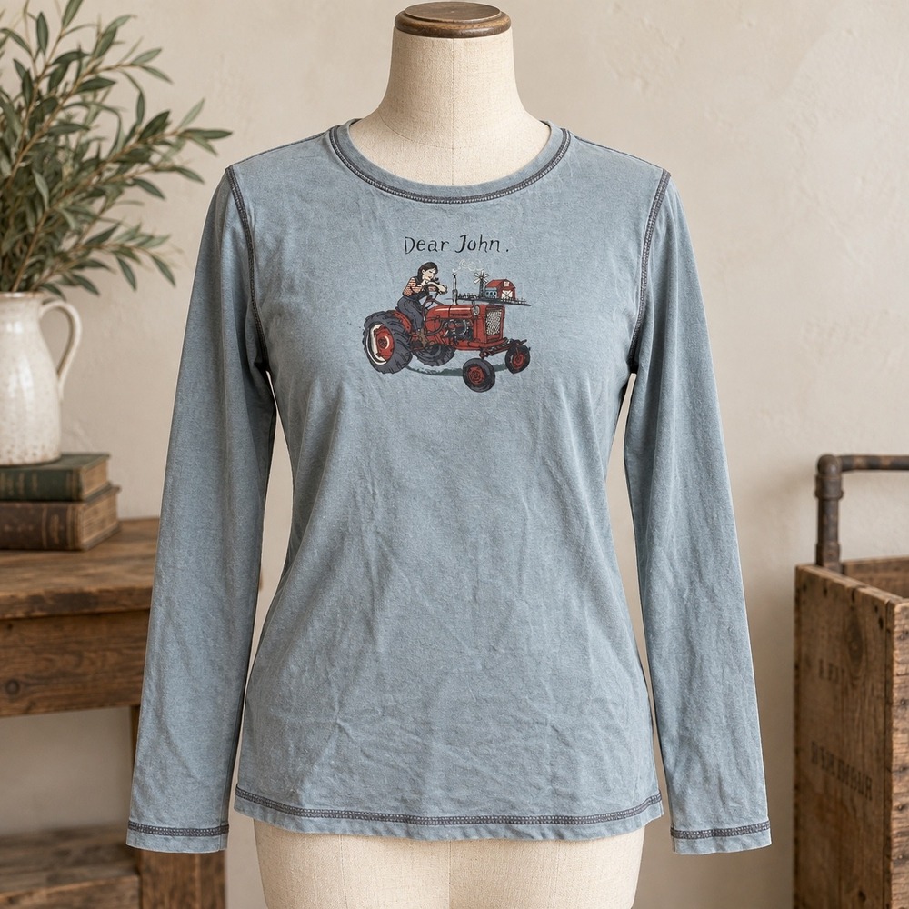 Dear John Blue Cotton Long Sleeve Graphic Tee Tractor Farm Scene Women Large